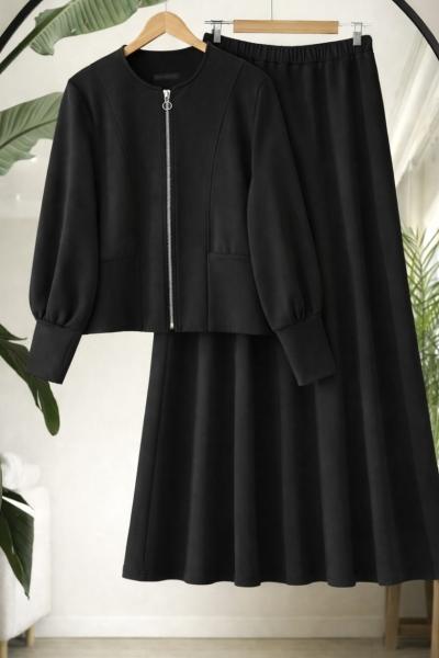 Manşetli  Balonkol Etekli Takım Siyah TCN40152