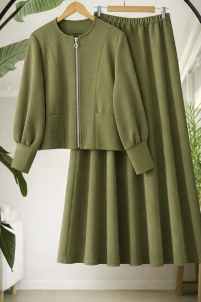 Manşetli  Balonkol Etekli Takım Yeşil TCN40152