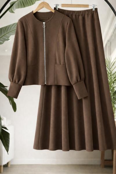 Manşetli  Balonkol Etekli Takım Kahverengi TCN40152
