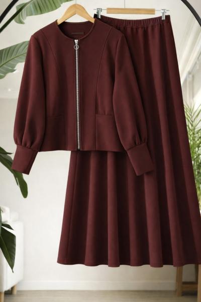 Manşetli  Balonkol Etekli Takım  Bordo TCN40152