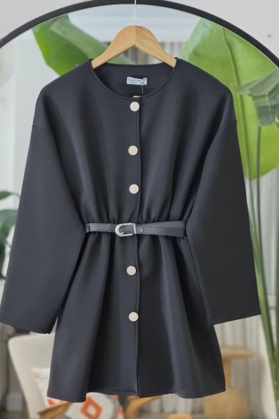 Metal düğmeli kemerli bel lastikli Tunik Siyah BK9525