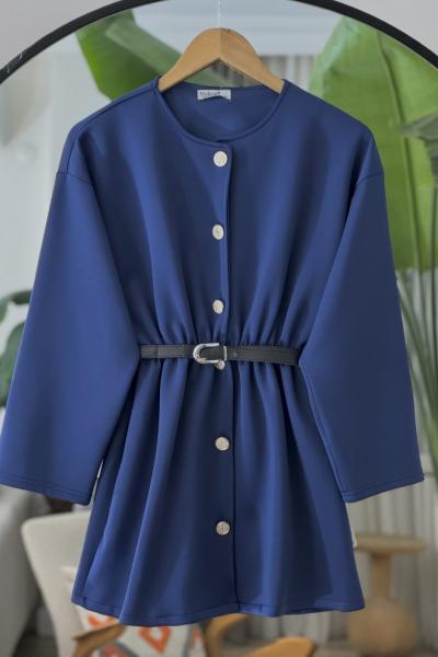Metal düğmeli kemerli bel lastikli Tunik Lacivert  BK9525
