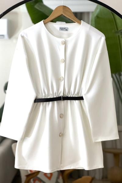 Metal düğmeli kemerli bel lastikli Tunik Beyaz BK9525