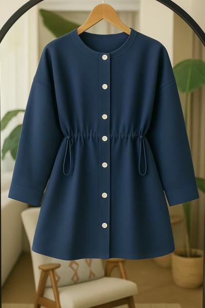 Metal düğmeli belkısmı büzgü lastikli Tunik  Lacivert BK9528