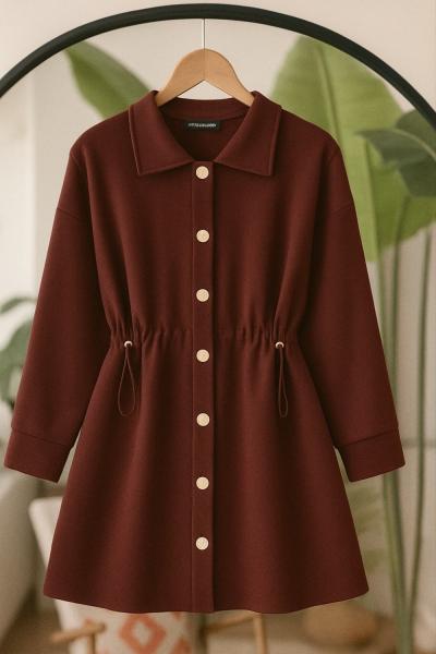 Metal düğmeli belkısmı büzgü lastikli Tunik  Bordo BK9528