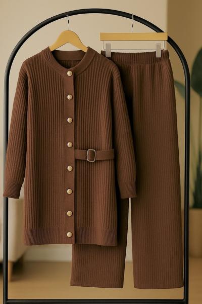 Metal düğmeli kemer Tokalı Triko Takım Kahve  TCN40132