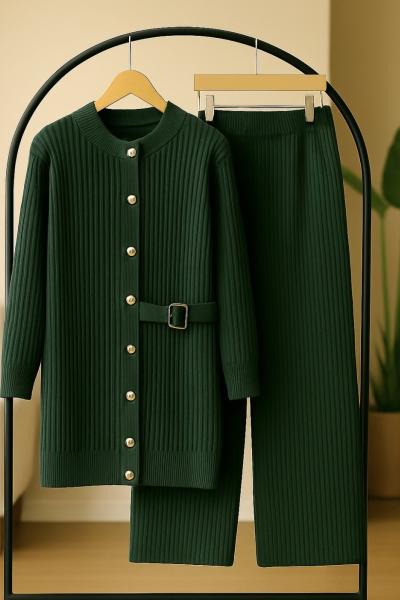 Metal düğmeli kemer Tokalı Triko Takım yeşil TCN40132