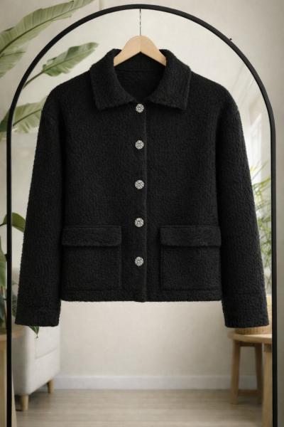 Metal Düğmeli Sakallı Trıko Hırka Siyah TB8057