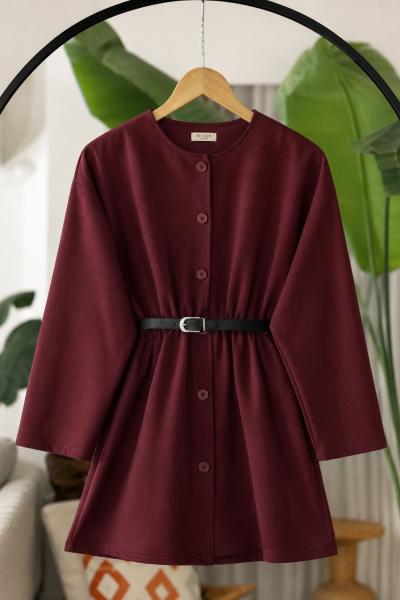 Metal düğmeli kemerli bel lastikli Tunik Bordo BK9525