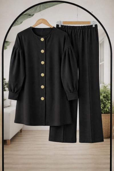 Metal Düğmeli kol pile Detaylı Takım Siyah TB8085