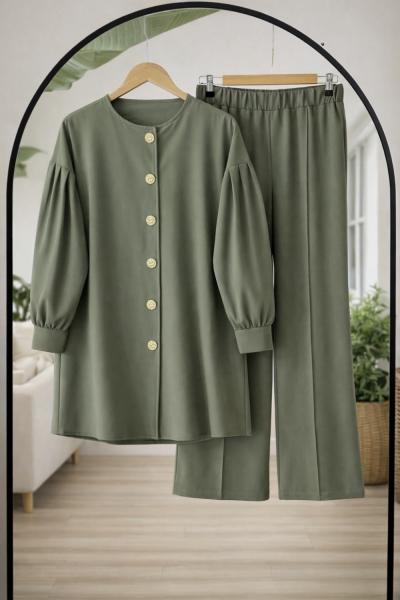 Metal Düğmeli kol pile Detaylı Takım Yeşil  TB8085