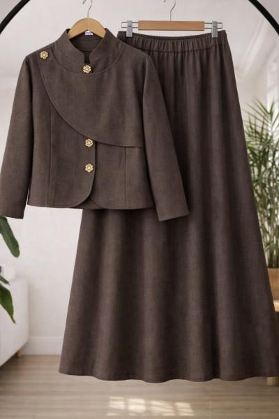 Metal Düğmeli  Keten Etekli takım Kahve TCN40171