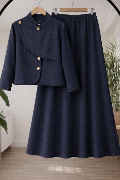 Metal Düğmeli  Keten Etekli takım Lacivert TCN40171