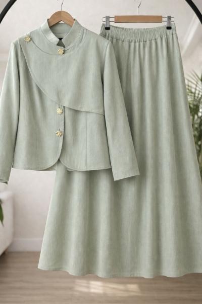 Metal Düğmeli  Keten Etekli takım Mintyeşil TCN40171