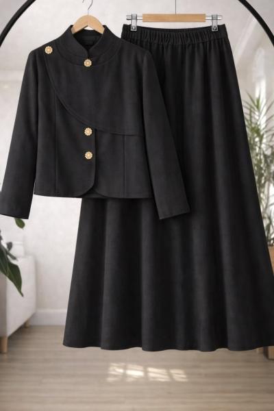 Metal Düğmeli  Keten Etekli takım Siyah TCN40171