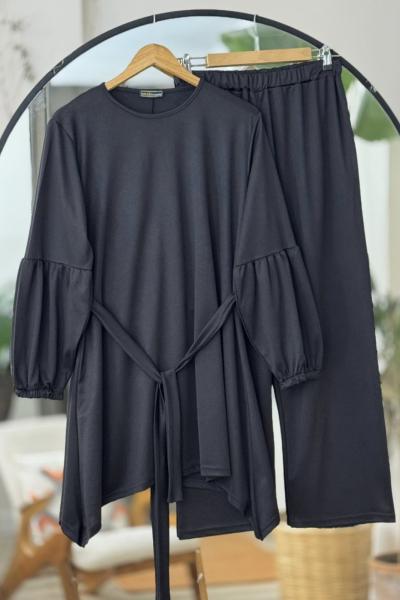 Mevlana model örme krep kumaş takım siyah slt30559