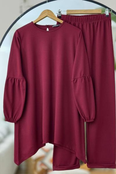 Mevlana model örme krep kumaş takım bordo slt 30559