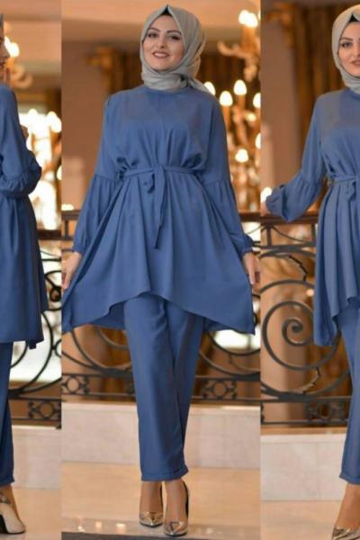 Mevlana model örme krep kumaş takım indigo mavi slt 30559