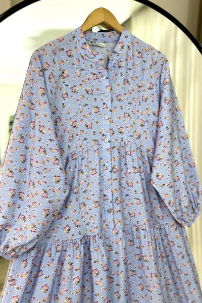 Mini çiçekli Patlı Yarım Düğmeli Salaş elbise mavi UMS50307