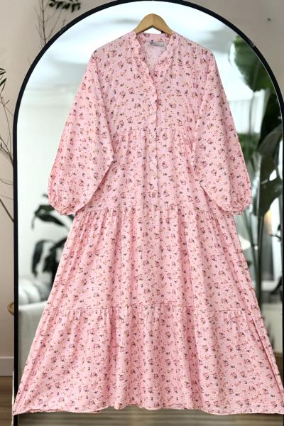 Mini çiçekli Patlı Yarım Düğmeli Salaş elbise Pembe UMS50307