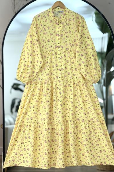 Mini çiçekli Patlı Yarım Düğmeli Salaş elbise Sarı UMS50307