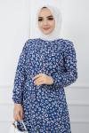 Mini Çiçek Desenli Dokuma Viskon Elbise İndigo UMS934