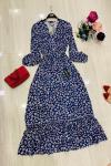Mini Çiçek Desenli Dokuma Viskon Elbise İndigo UMS934