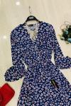 Mini Çiçek Desenli Dokuma Viskon Elbise İndigo UMS934