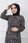 Mini Çiçek Desenli Dokuma Viskon Elbise Siyah UMS934