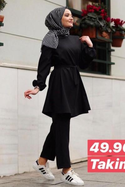mira kumaş kuşaklı takım siyah hbs259