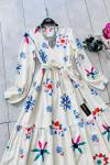 Mona desen  kuşaklı mevlana elbise beyaz UMS5055