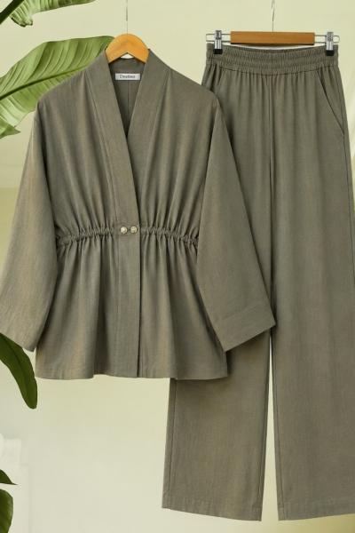 Müslim Kumaş çift düğmeli Kimono Takım Yeşil DS2076