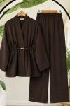 Müslim Kumaş çift düğmeli Kimono Takım Kahve DS2076