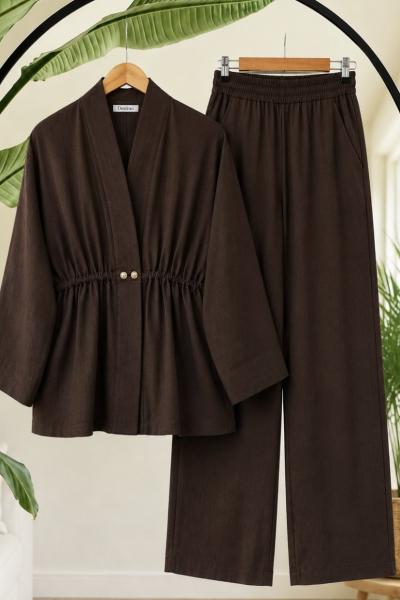 Müslim Kumaş çift düğmeli Kimono Takım Kahve DS2076