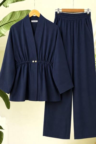 Müslim Kumaş çift düğmeli Kimono Takım lacivert DS2076