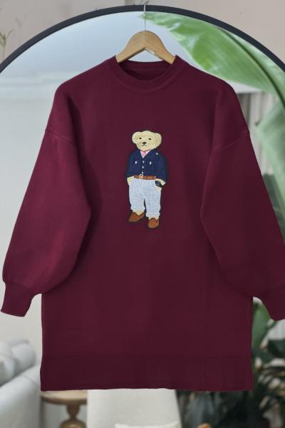 Nakış İşlemeli Triko Tunik  Bordo NSY9027