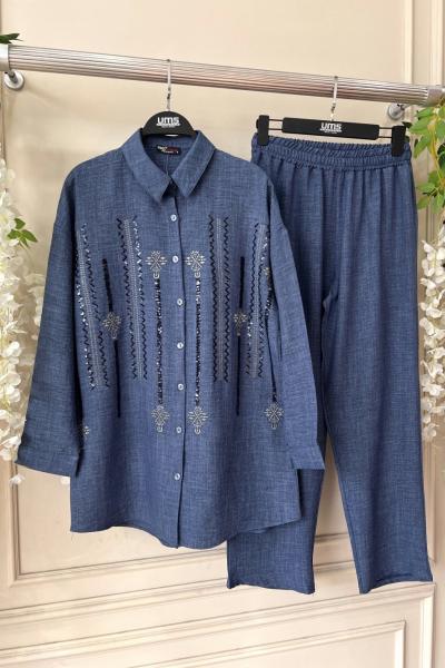 Nakış işlemeli keten Takım Lacivert  50235