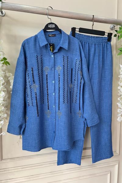 Nakış işlemeli keten Takım Mavi   50235