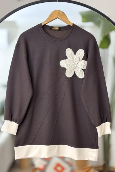 Nakış işlemeli Oyso tunik  kahve TCN 40107