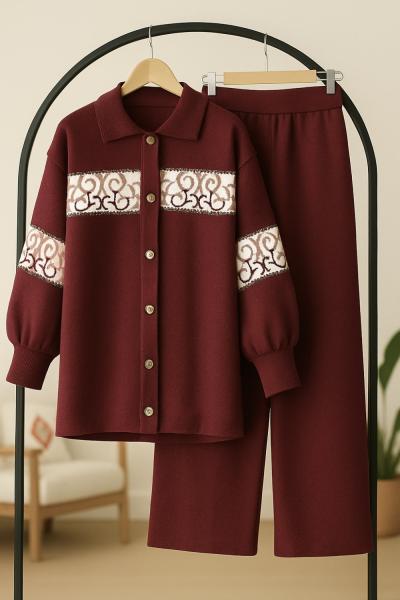 Nakış İşlemeli Triko Takım Bordo TCN40139