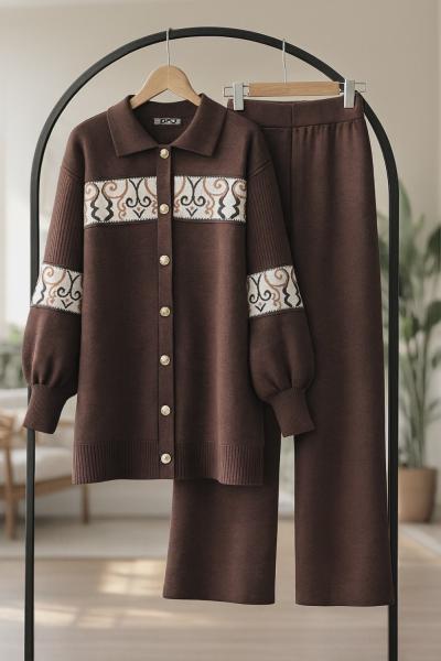 Nakış İşlemeli Triko Takım Kahve TCN40139