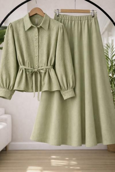 Nakış işleme gömlek Etek takım Yeşil TB8087