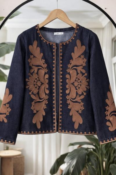 Nakış işlemeli Kot Ceket Kahve ES8099