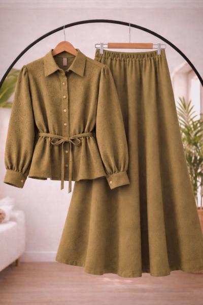 Nakış işleme gömlek Etek takım yağyeşil TB8087