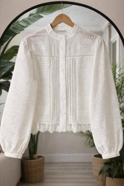 Nakış İşlemeli Gömlek Ekru QU30391