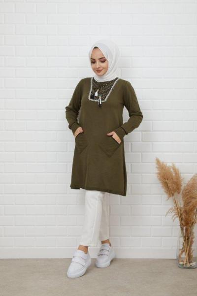 Nakış işlemeli Triko Tunik Yeşil NFS848