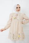 Nakış İşlemeli Keten Tunik Bej PKL975