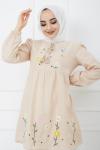 Nakış İşlemeli Keten Tunik Bej PKL975