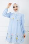 Nakış işlemeli keten tunik Kot Kombin mavi PKL986