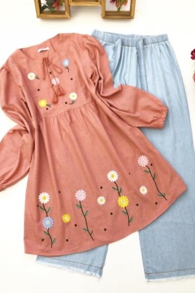 Nakış işlemeli keten tunik Kot Kombin gül PKL986